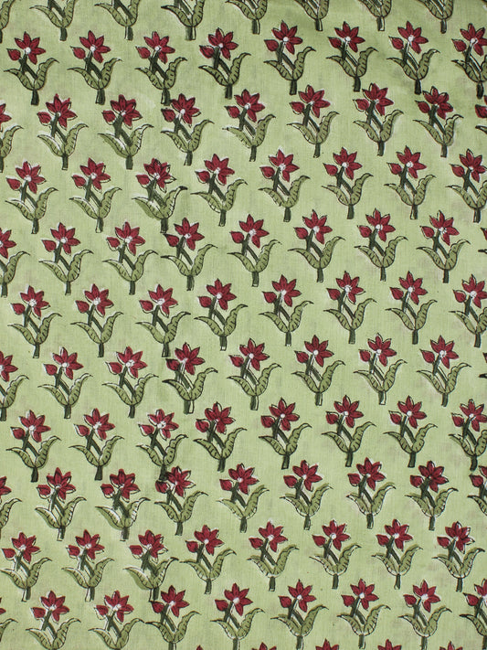 Pistachio Green Maroon Hand Block Printed Cotton Fabric Per Meter - F001F2233