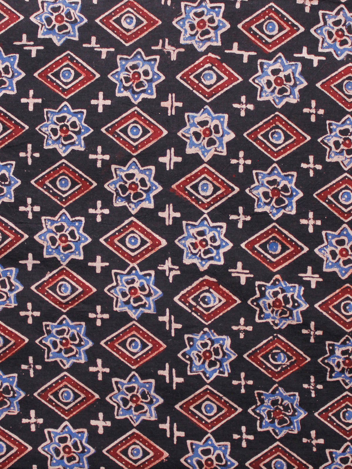 Black Blue Ivory Red Ajrakh Hand Block Printed Cotton Fabric Per Meter - F003F1605