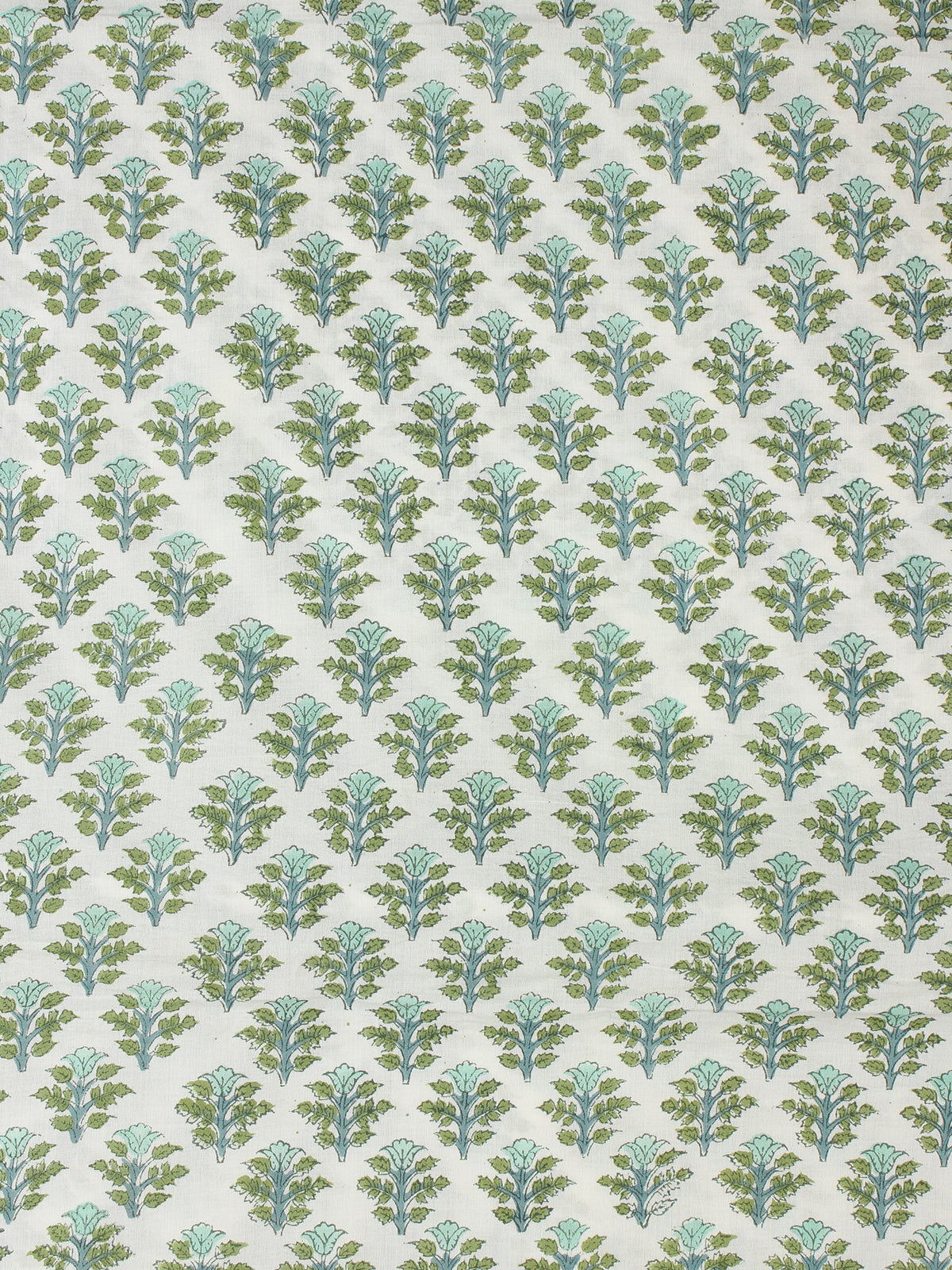 White Green Blue Hand Block Printed Cotton Fabric Per Meter - F001F2325