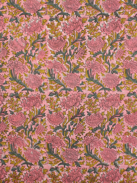 Pink Green Mustard Hand Block Printed Cotton Fabric Per Meter - F001F2326