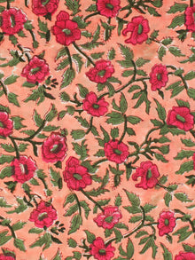 Coral Pink Green Hand Block Printed Cotton Fabric Per Meter - F001F2190