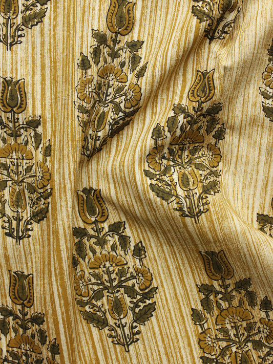 Beige Mustard Green Black Hand Block Printed Cotton Fabric Per Meter - F001F1079