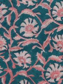 Teal Blue Pink White Hand Block Printed Cotton Fabric Per Meter - F001F2361