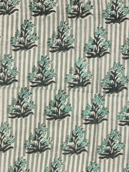 White Green Grey Hand Block Printed Cotton Fabric Per Meter - F001F2192