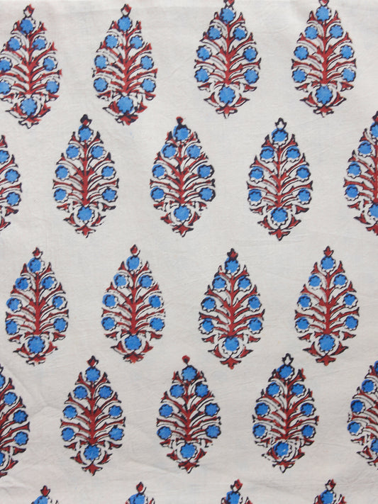 Ivory Red Indigo Ajrakh Hand Block Printed Cotton Fabric Per Meter - F003F1538