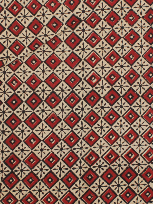 Beige Red Black Hand Block Printed Cotton Fabric Per Meter - F001F2087