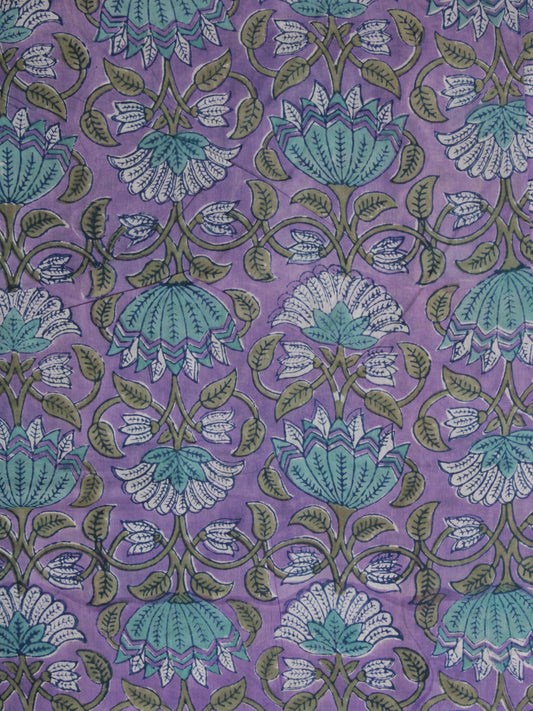 White Lavendar  Sea Green Hand Block Printed Cotton Fabric Per Meter - F001F2364