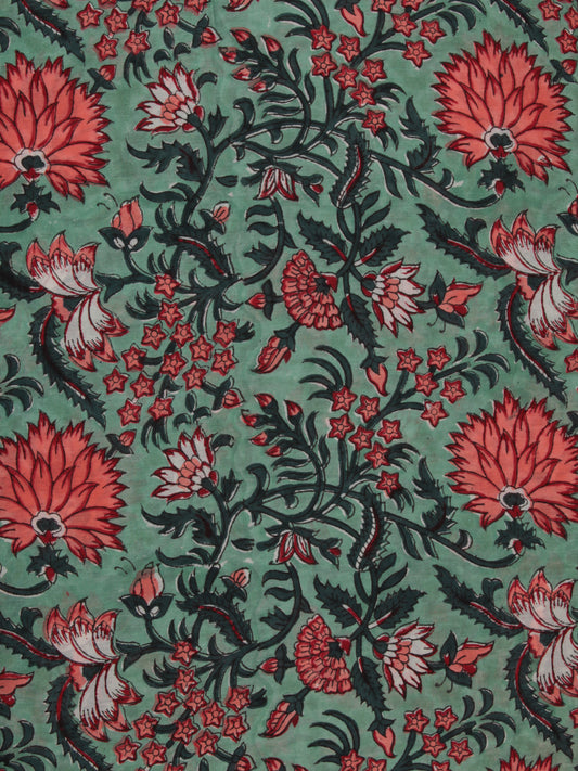 Green Coral White Hand Block Printed Cotton Fabric Per Meter - F001F2362