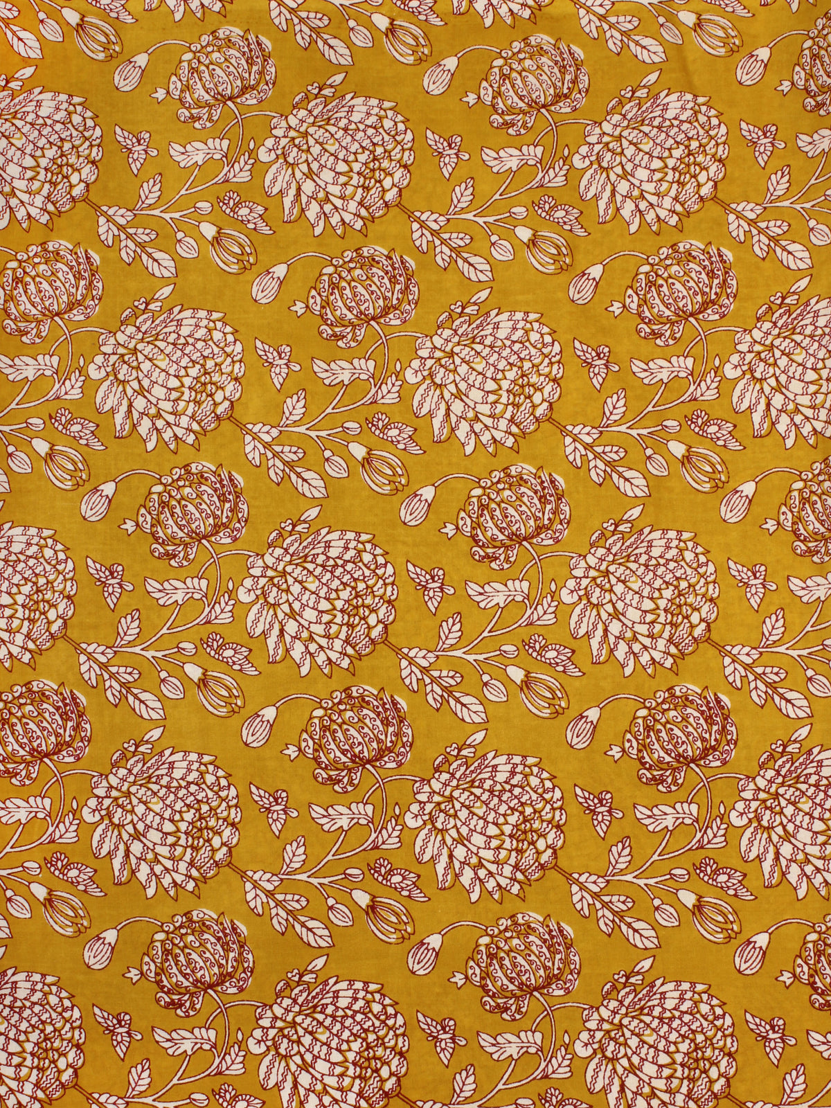 Mustard Maroon OffWhite Block Printed Cotton Fabric Per Meter - F001F2243