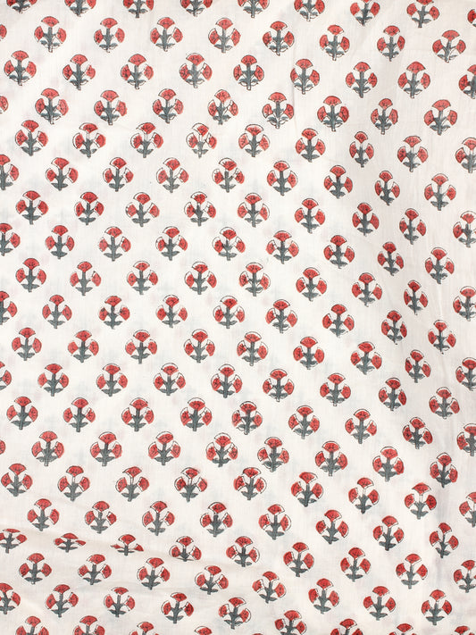 White Red Green Hand Block Printed Cotton Fabric Per Meter - F001F2329