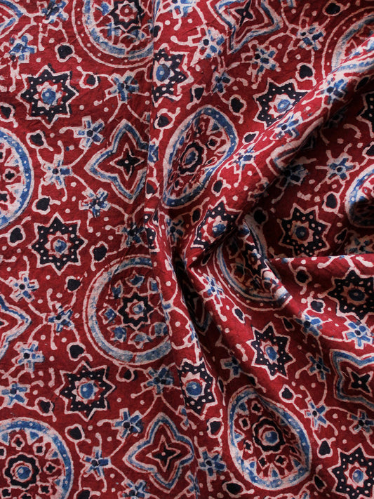 Red Black Blue Ajrakh Hand Block Printed Cotton Blouse Fabric - BPA0109