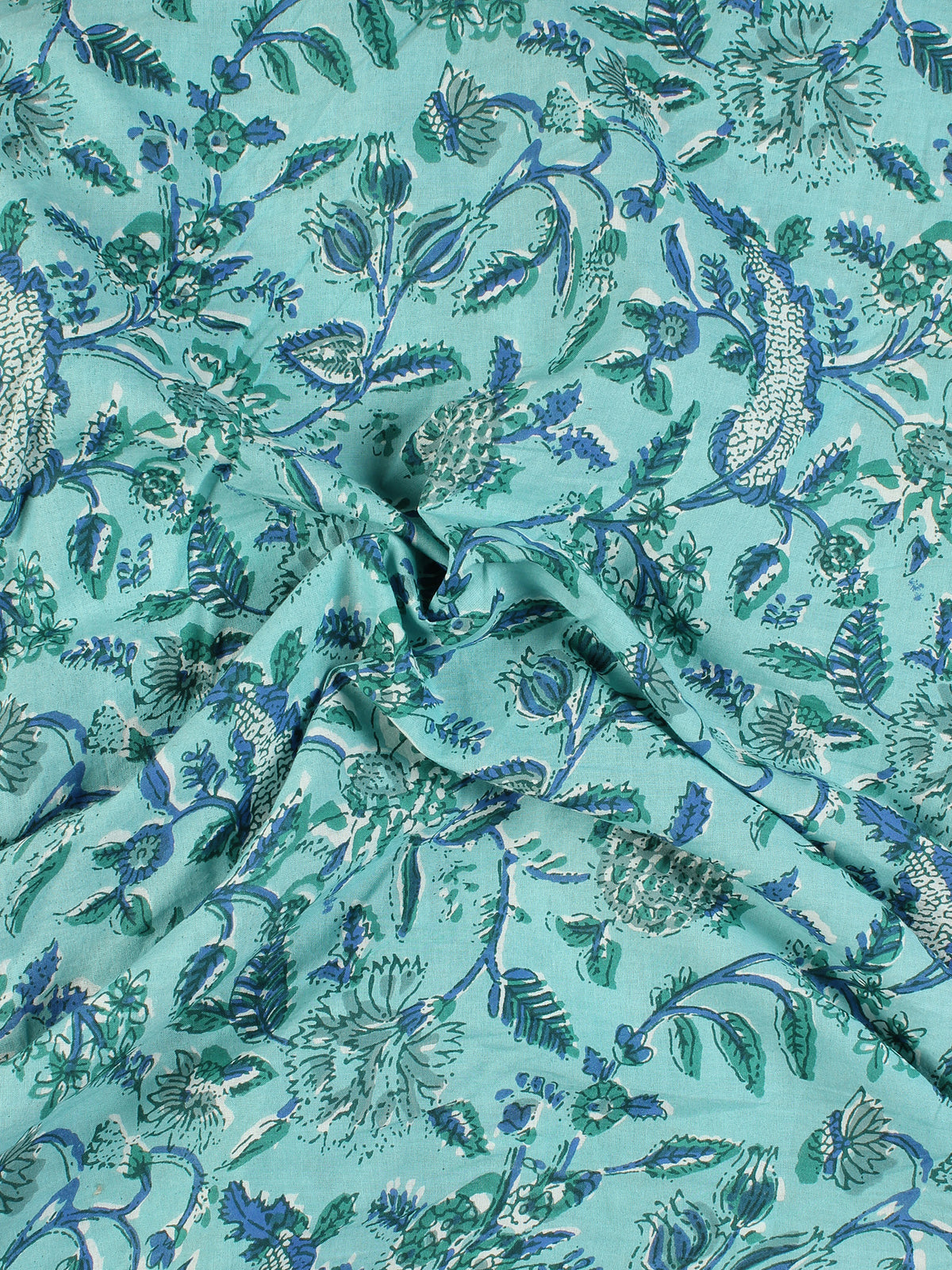 Electric Blue Green Hand Block Printed Cotton Fabric Per Meter - F001F2297