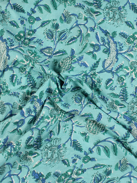 Electric Blue Green Hand Block Printed Cotton Fabric Per Meter - F001F2297