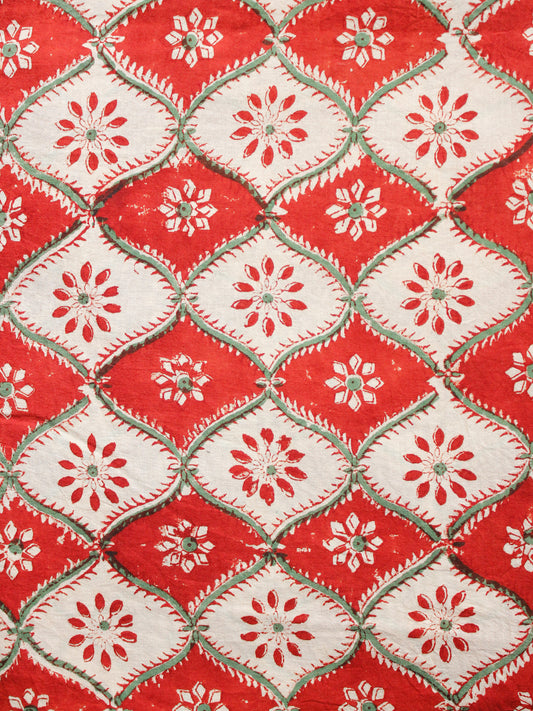 Red Beige Green Hand Block Printed Cotton Fabric Per Meter - F001F1372