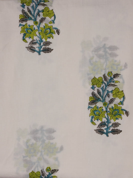 White Green Grey Hand Block Printed Cotton Fabric Per Meter - F001F2033