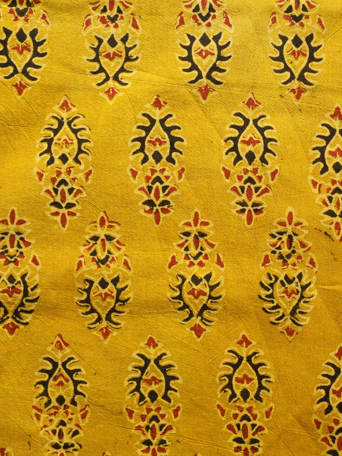 Mustard Black Red Ajrakh Hand Block Printed Cotton Fabric Per Meter - F003F1618