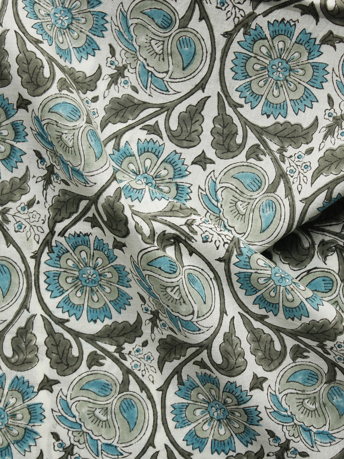 White Teal Blue Grey Hand Printed Cotton Fabric Per Meter - F001F1089