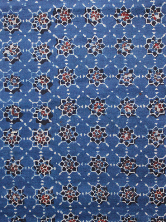 Indigo Black Red Ivory Ajrakh Hand Block Printed Cotton Fabric Per Meter - F003F1617