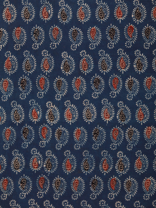 Indigo Black Rust Beige Ajrakh Hand Block Printed Cotton Fabric Per Meter - F003F1778