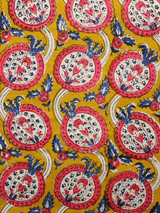 Mustard Beige Coral Indigo Hand Block Printed Cotton Fabric Per Meter - F001F1375