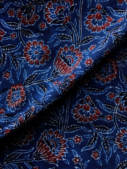 Indigo Maroon Black Ajrakh Hand Block Printed Cotton Blouse Fabric - BPA0147