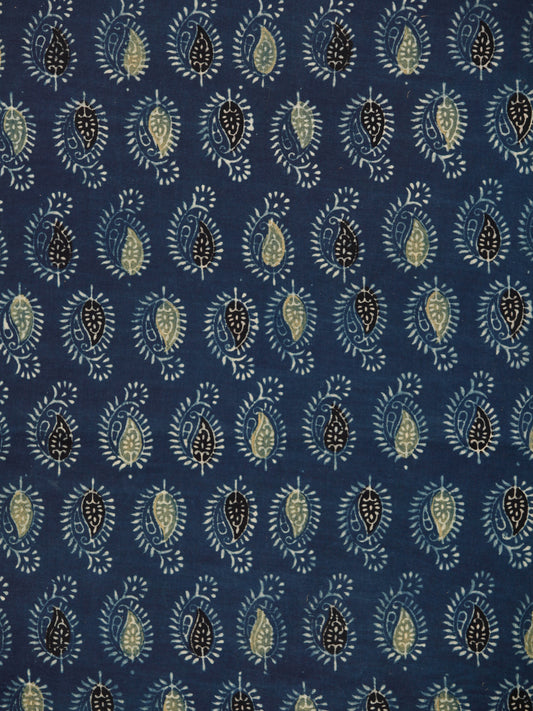 Indigo Black Lime Ajrakh Hand Block Printed Cotton Fabric Per Meter - F003F1781