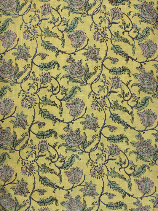 Yellow Green Grey Hand Block Printed Cotton Fabric Per Meter - F001F2286