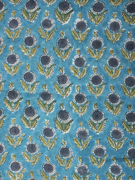 Steel Blue Grey Green Hand Block Printed Cotton Fabric Per Meter - F001F2268