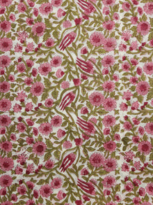 Ivory Pink Green Hand Block Printed Cotton Fabric Per Meter - F001F1099