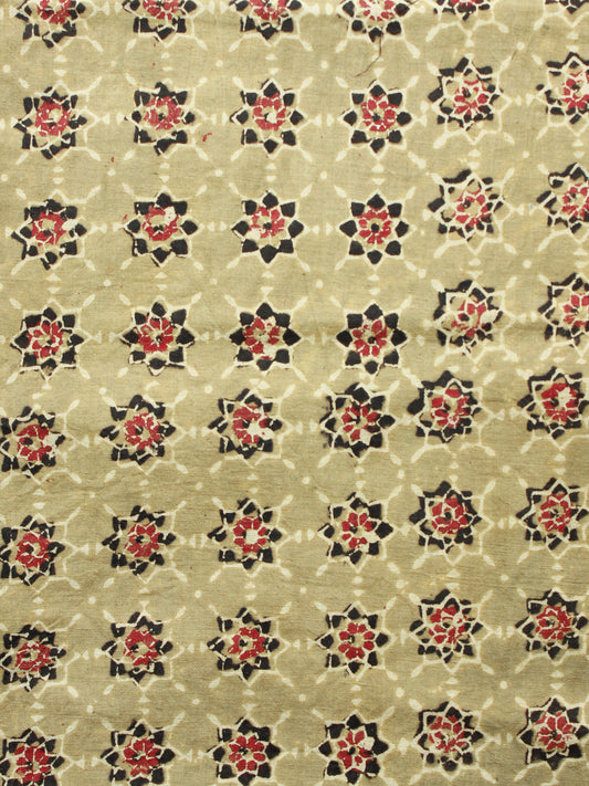 Light Olive Green  Black Red Ajrakh Hand Block Printed Cotton Fabric Per Meter - F003F1628