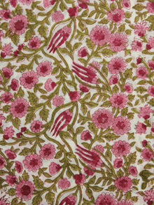 Ivory Pink Green Hand Block Printed Cotton Fabric Per Meter - F001F1099