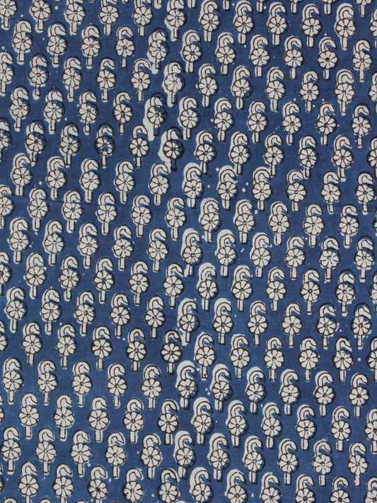 Indigo Ivory Black Ajrakh Hand Block Printed Cotton Fabric Per Meter - F003F2106