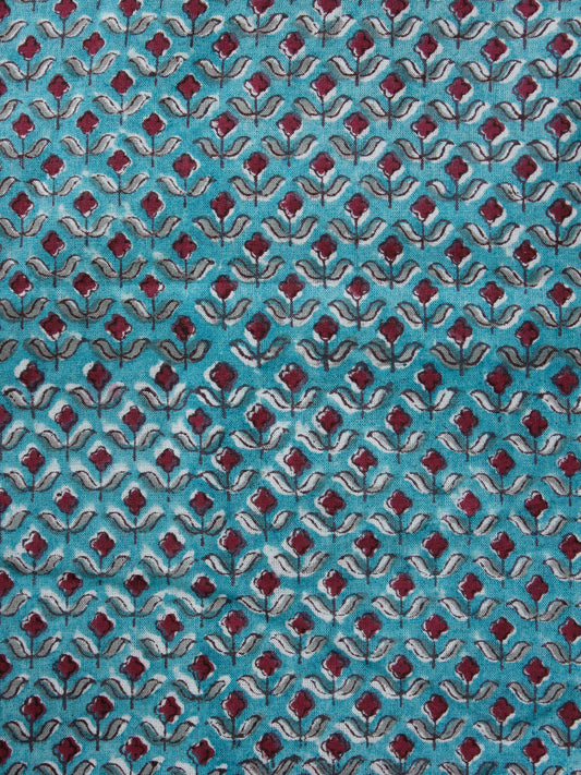 Teal Green Wine Red Hand Block Printed Cotton Fabric Per Meter - F001F1909