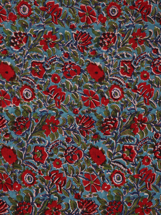 Blue Red  Green Hand Block Printed Cotton Fabric Per Meter - F001F2043