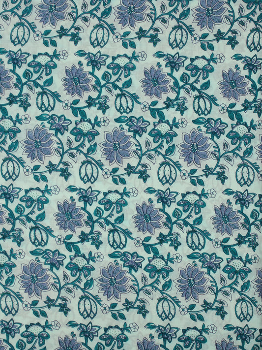 White Grey Green Hand Block Printed Cotton Fabric Per Meter - F001F2048