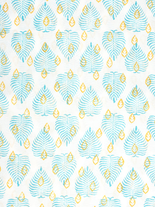 White Sky Blue Yellow Hand Block Printed Cotton Fabric Per Meter - F001F2334