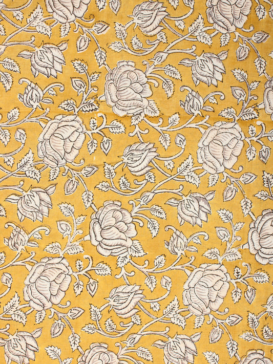 Mustard White Hand Block Printed Cotton Fabric Per Meter - F001F2164