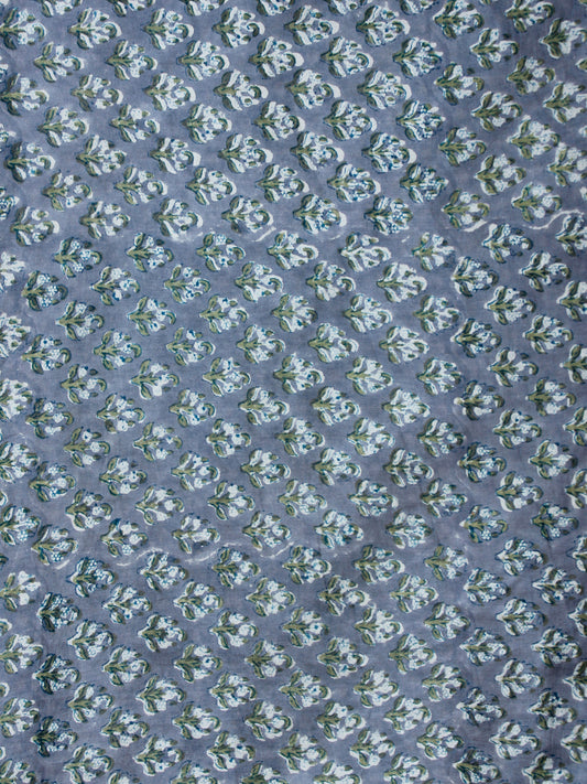 Dark Grey Green Hand Block Printed Cotton Fabric Per Meter - F001F1908