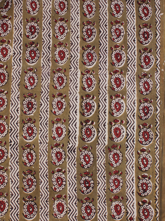 Light Brown Red Ivory Ajrakh Hand Block Printed Cotton Fabric Per Meter - F003F2115