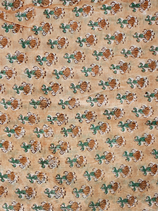 Beige Green Brown Hand Block Printed Chanderi Fabric Per Meter - F001F1924