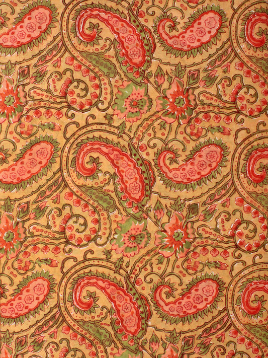 Mustard Red Green Hand Block Printed Cotton Fabric Per Meter - F001F2272