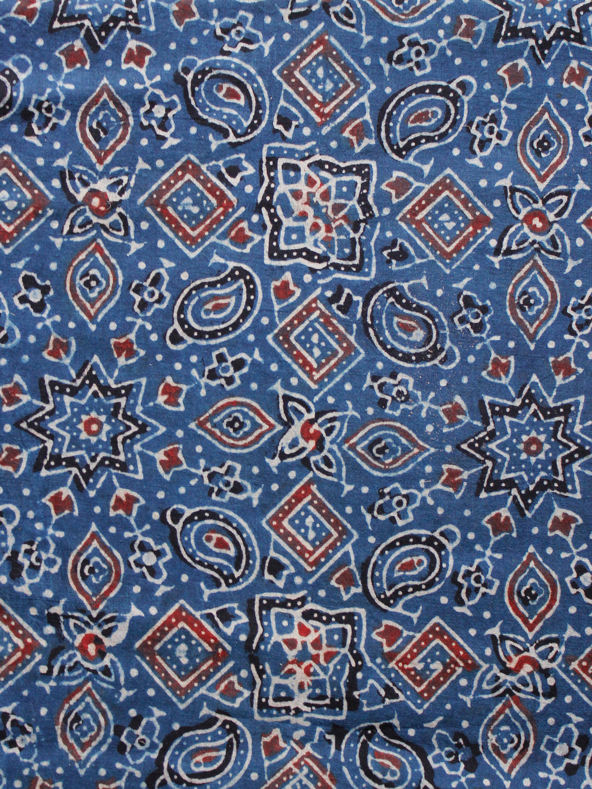 Indigo Black Rust Ivory Ajrakh Hand Block Printed Cotton Fabric Per Meter - F003F1646