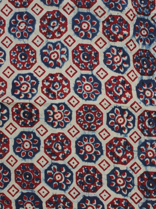 Ivory Indigo Red Ajrakh Hand Block Printed Cotton Fabric Per Meter - F003F2125