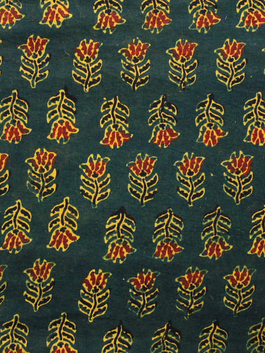 Hunter Green Yellow Red Black Ajrakh Hand Block Printed Cotton Fabric Per Meter - F003F1653