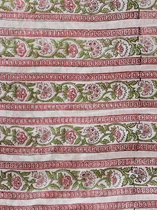 White Pink Green Hand Block Printed Chanderi Fabric Per Meter - F001F1946