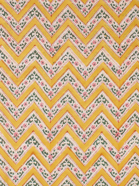 Yellow Green Pink Hand Block Printed Cotton Fabric Per Meter - F001F2301