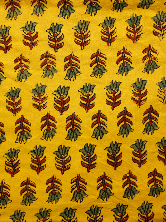 Yellow Maroon Green Black Ajrakh Hand Block Printed Cotton Fabric Per Meter - F003F1655