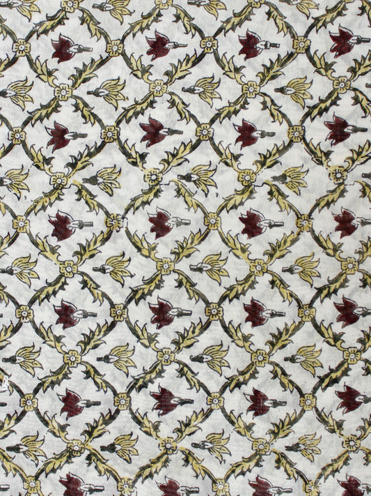 Ivory Mehroon Green Hand Block Printed Chanderi Fabric Per Meter - F001F1926