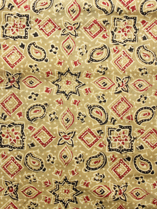 Light Olive Green Red Black Ajrakh Hand Block Printed Cotton Fabric Per Meter - F003F1583