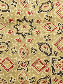 Light Olive Green Red Black Ajrakh Hand Block Printed Cotton Fabric Per Meter - F003F1583